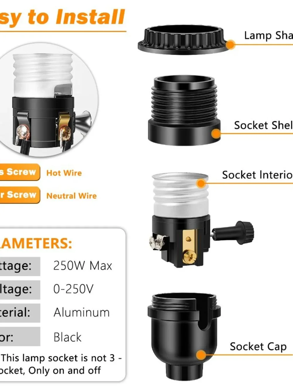 UL Listed E26 Light Socket, Threaded Lamp Socket Replacement with ON/Off Switch